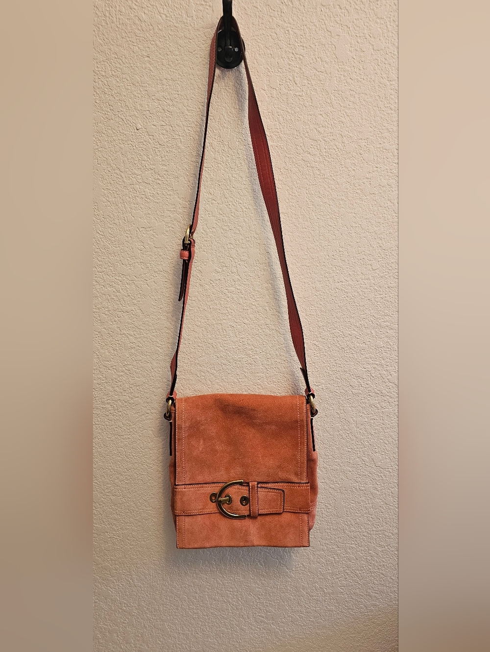 Coach Pink Suede Crossbody Bag with Gold Hardware